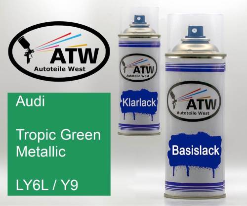 Audi, Tropic Green Metallic, LY6L / Y9: 400ml Sprühdose + 400ml Klarlack - Set, von ATW Autoteile West.